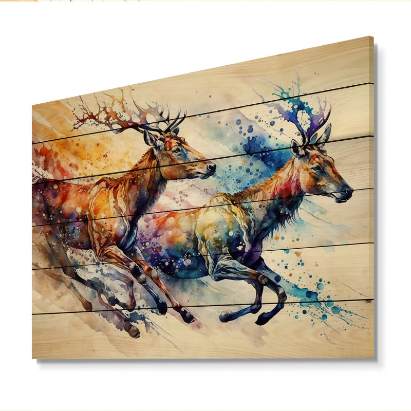 Cerfs de Melra qui courent - Impression sur bois sans cadre, H 12 po x l 20 po x P 1 po