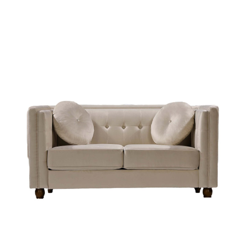 Causeuse Chesterfield compacte avec revêtement en velours froissé, Velours ivoire