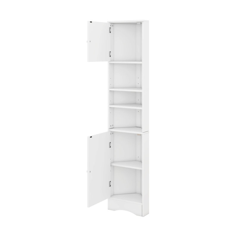 Tall Corner Cabinet- Narrow Space Saving Storage With Doors & Adjustable Shelves, White