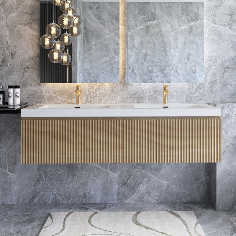 Meuble-lavabo mural moderne à rayures avec lavabo et tiroir à fermeture en douceur, 59"