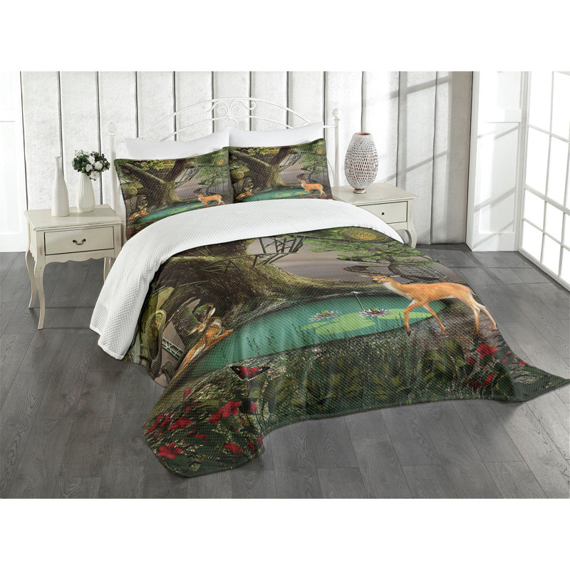 Ambesonne Nature Bedspread Abstract Deer and, King Bedspread + 2 Standard Shams