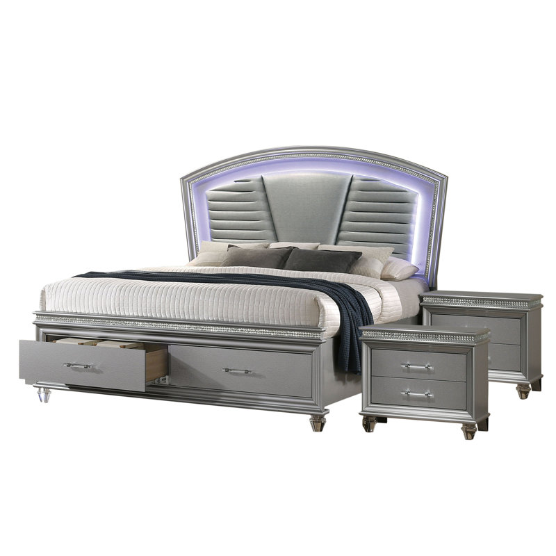 Ensemble de chambre avec lit plateforme 3 pièces Belliveau, Très grand, Argent, Trois pièces : lit et deux tables de chevet