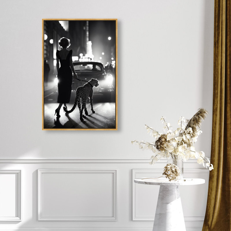 Oliver Gal Night Walk Cheetah Photography - Framed Acrylic Glass Wall Art, Gold, 37" H x 25" W