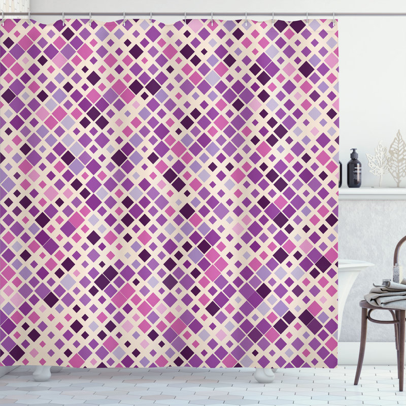  Rideau de douche mauve rétro Artsy + crochets, H 69 po x l 70 po, Crème / mauve