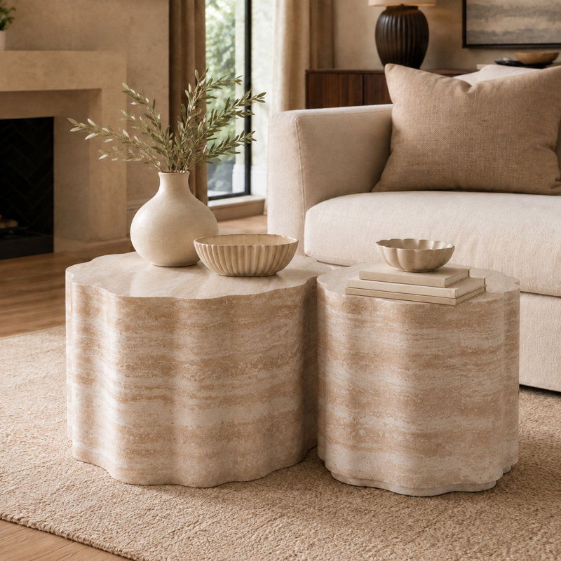 Ensemble de tables basses rondes modernes 2 pièces avec dessus en faux marbre Caston, Beige