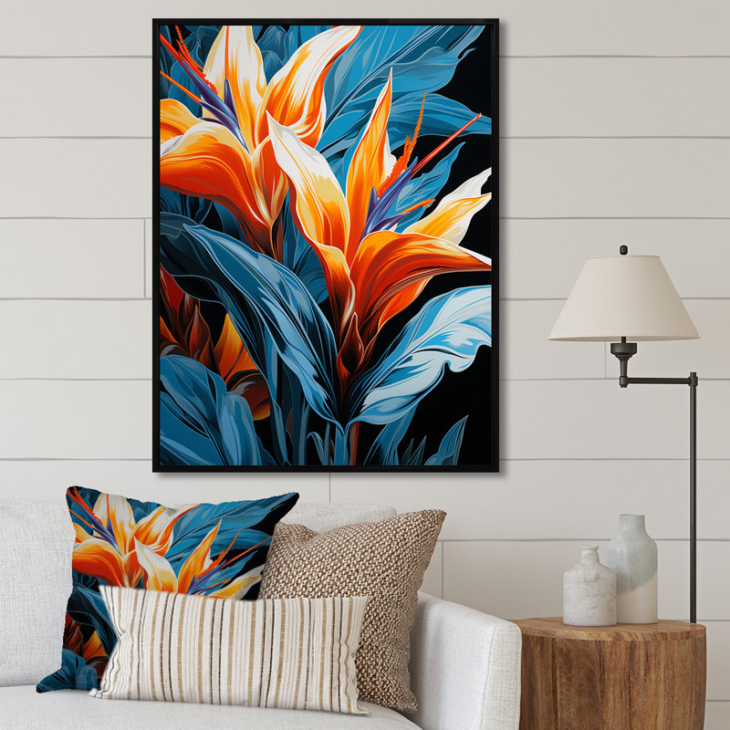 Oiseaux de paradis fleurs tropicales III - Oiseaux de paradis, art mural, Cadre flottant noir, H 40 po x l 30 po x P 1,5 po