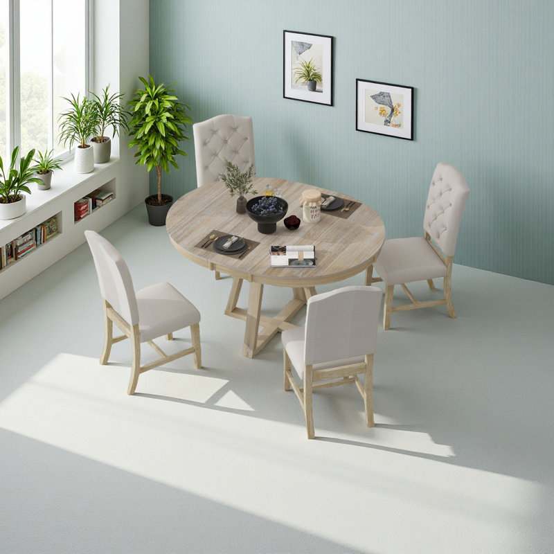 Ensemble de salle à manger rétro 5 pièces, table ronde avec rallonge de l 16 po et 4 chaises rembourrées, Naturel