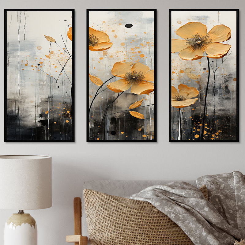 Buttercups Are intégré dans un mélange - ensemble d'art mural en toile Buttercups, Cadre flottant noir