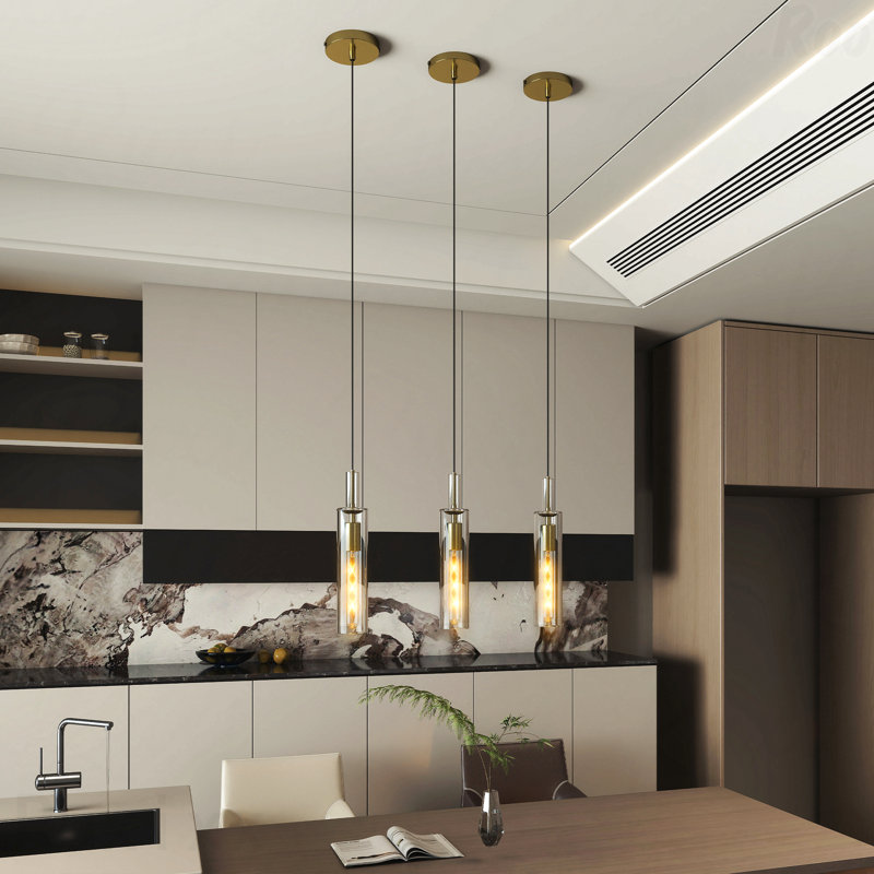Luminaires suspendus, ensemble de 3 luminaires suspendus de style moderne avec abat-jour en verre transparent rayé