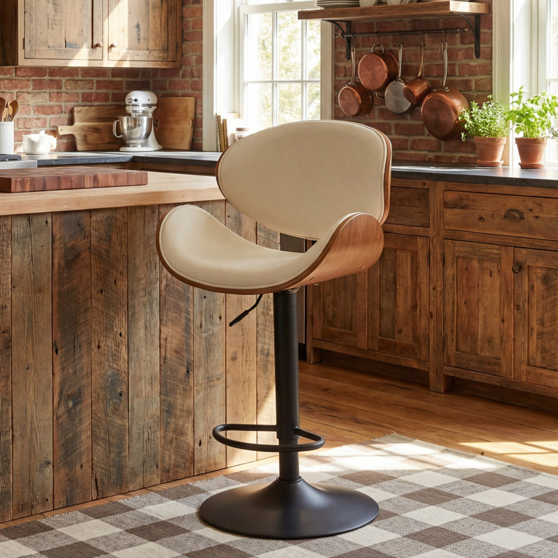 Tabourets de bar pivotants à hauteur réglable en cuir polyuréthane avec dossier en bois cintré pour le bar, la cuisine et la salle à manger