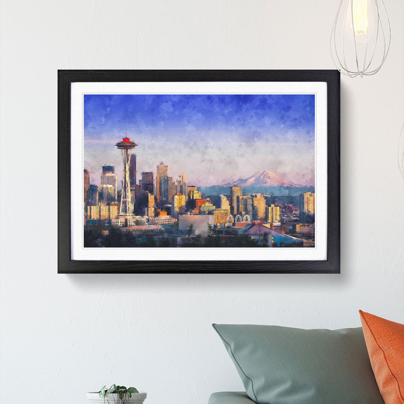 Seattle Skyline - Picture Frame Painting Print, 62cm H x 87cm W x 2cm D, Black Framed
