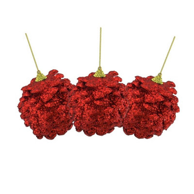 Ornements en forme de pomme de pin holographique rouge 3ct 3 "(75mm)