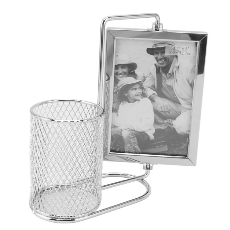 Porte-stylo/cadre photo en acier inoxydable, grande capacité, multifonctionnel, rotatif, décoratif pour bureau ou maison