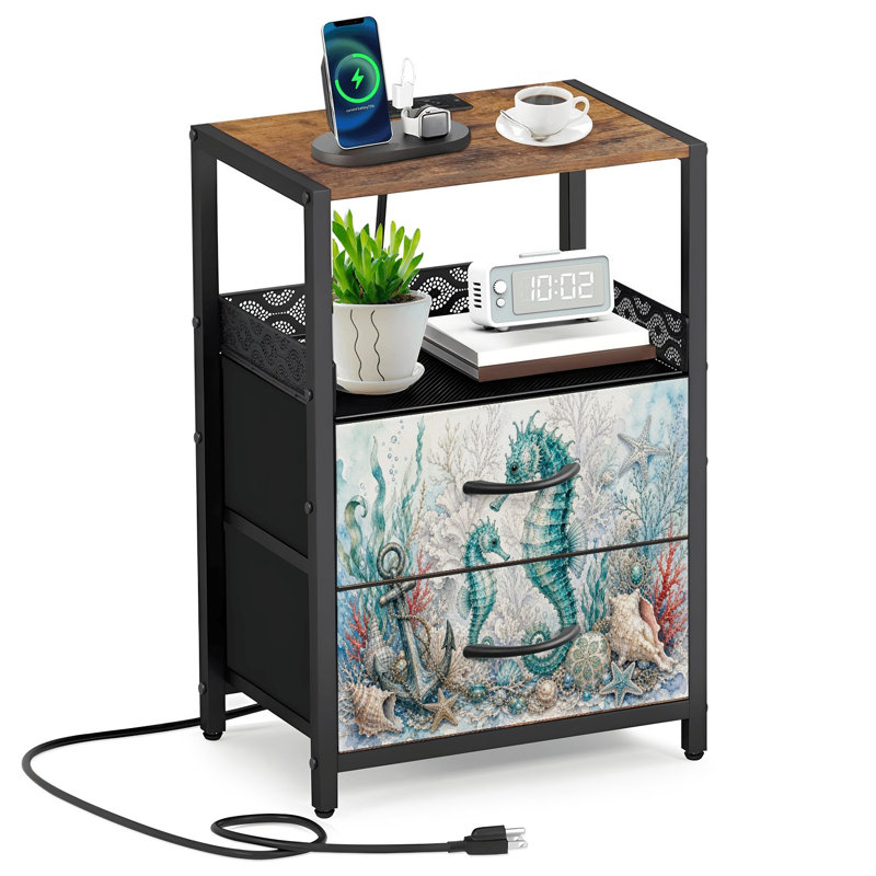 Table de chevet 2 tiroirs en tissu avec station de charge Hippocampes marins récif de corail