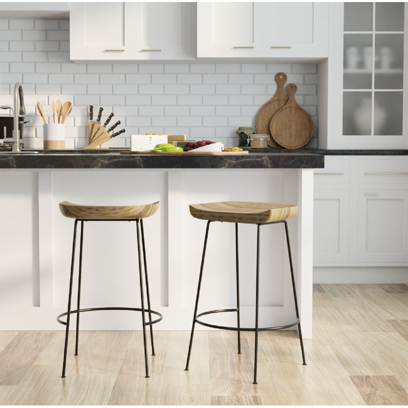 Samanthia Counter Stool with Metal Frame, Natural/Black, Bar Stool (30.5" Seat Height)