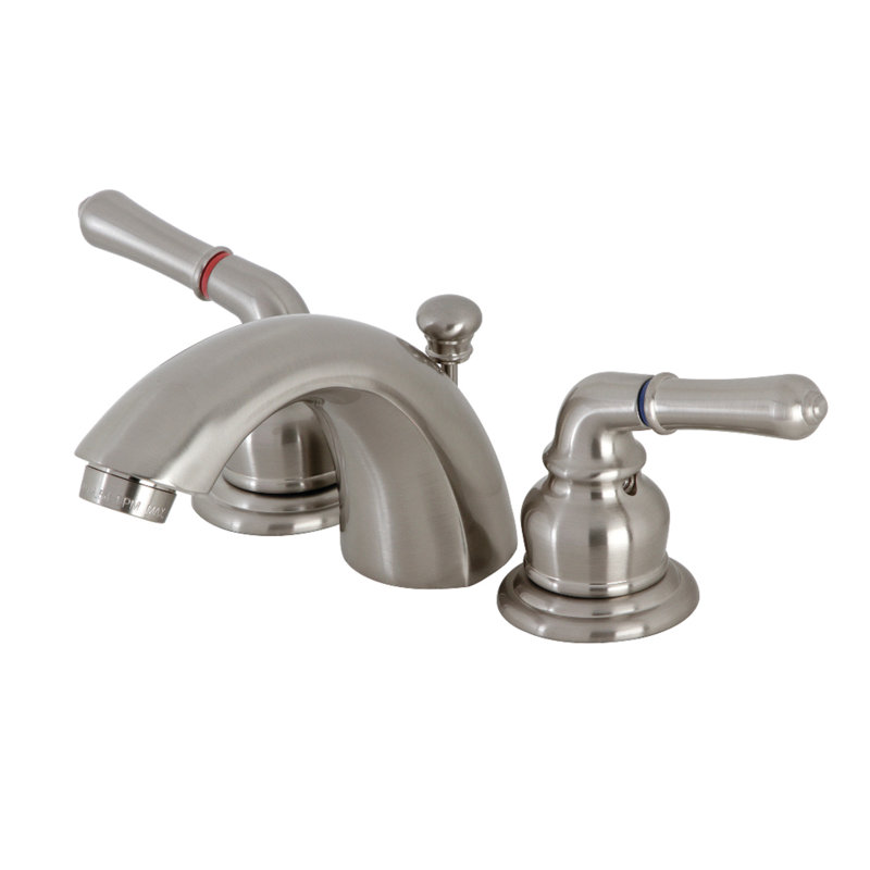 Kingston Brass Victorian Two-Handle 3-Hole Deck Mount Mini-Widespread Bathroom Faucet with Brass Pop-Up, Brushed Nickel