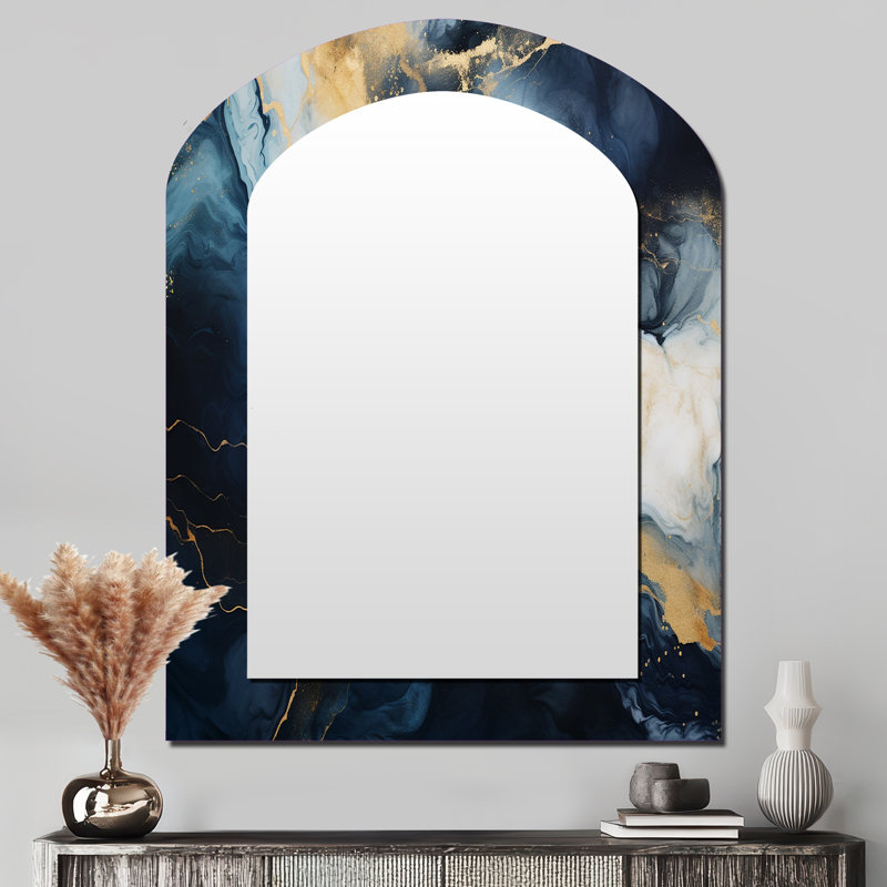 Gold and blue Abstract marble paint IV - Marble Asymmetrical Decorative Mirror, Modern Arch Wall Mirror, Printed Metal Art