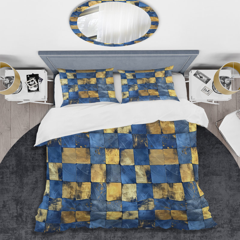 Ensemble de housse de couette tuiles dorées bleues cubes, Housse de couette très grand + 2 taies décorativ