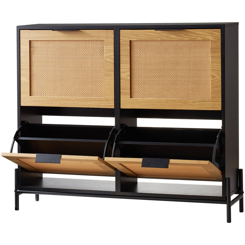 Rattan Shoe Cabinet, Narrow Shoe Storage Organizer with 4 Flip Drawers, Slim Shoe Entryway Storage Cabinet
