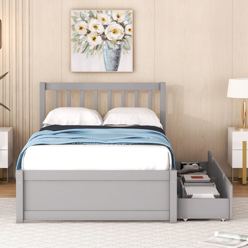 Modern Design Wooden Platform Bed with 2 Drawers, Gray