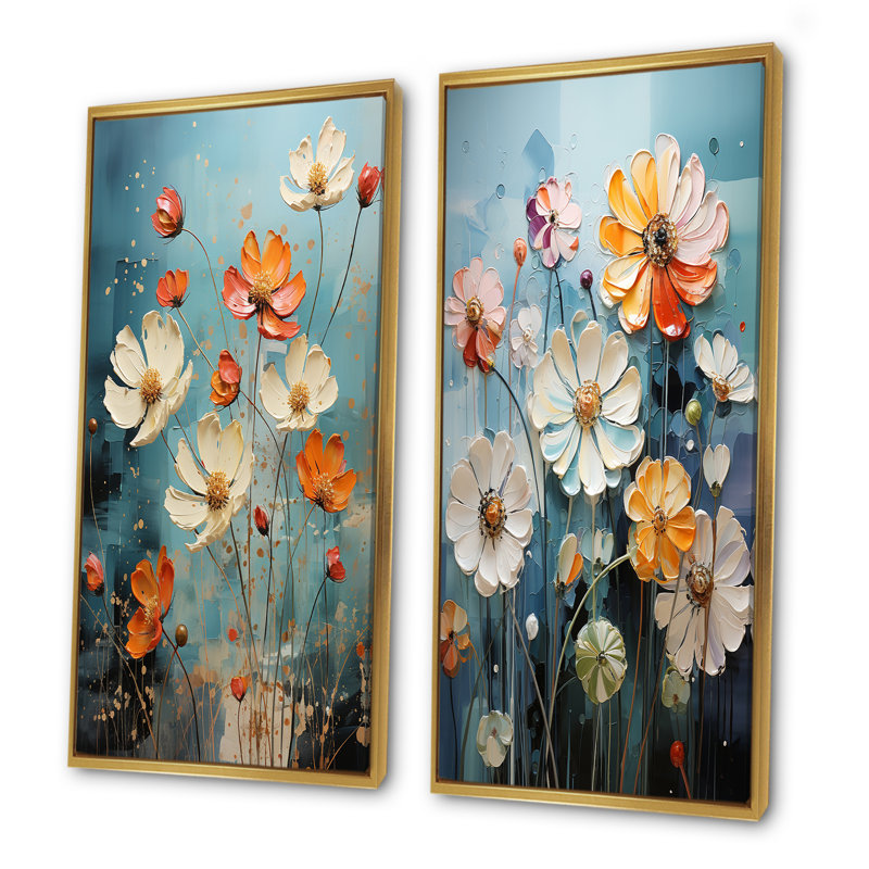 Ensemble de salon art mural bleu et orange Zinnias - Zinnias, Encadrement doré, H 28 po x l 25 po