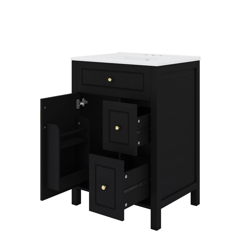 Meuble-lavabo de 24 po avec lavabo en céramique, 1 porte à fermeture douce, 2 tiroirs à fermeture douce, Noir