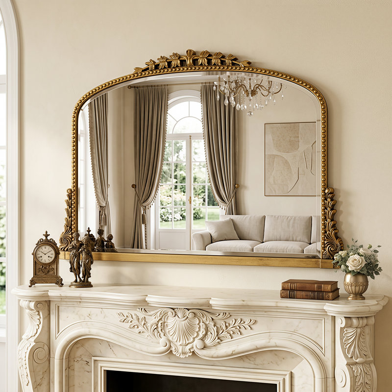 Retro Engraved Bathroom Mirror, Arched Wall Mirror, Gold, 24"×36"