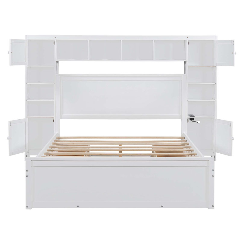Lit plateforme avec tête de lit bibliothèque Arnitha, Blanc, Full