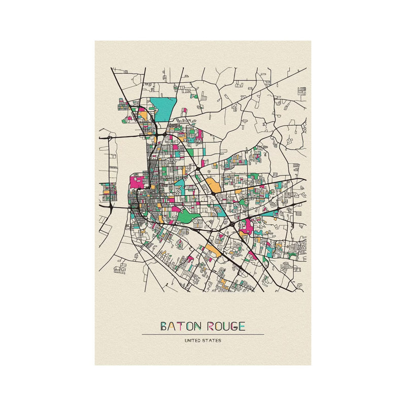 Baton Rouge, Louisiana Map par Ayse Deniz Akerman - impression sur toile tendue, H 26 po x l 18 po x 1,5 po
