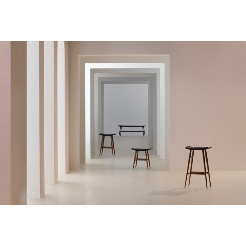Freja Upholstered Stool with Solid Wood Frame, Saddle Leather Black, Black Oak