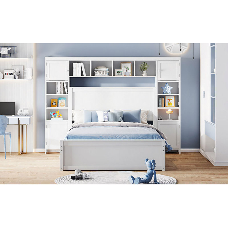Lit en bois robuste avec rangement intégré, tablettes, prises et lit gigogne pour les chambres modernes, Blanc