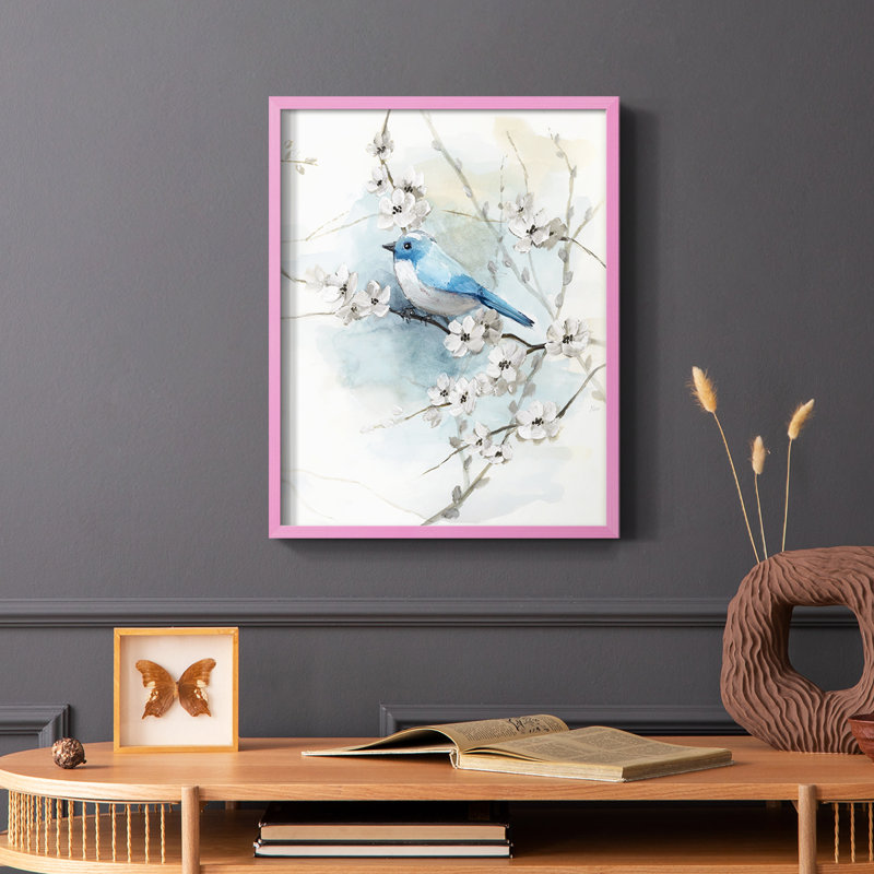 «Blossoms and Bluebird II», reproduction encadrée - bois massif, H 10 po x l 8 po, Rose