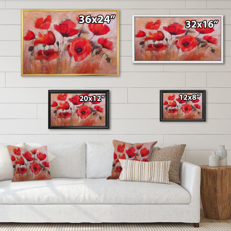 Red Blooming Poppies V - reproduction de cadre flottant sur toile, H 16 po x l 32 po x P 1 po, Cadre flottant doré