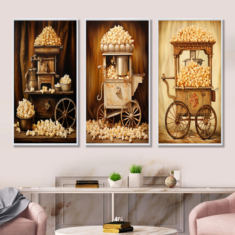 Vintage Popcorn Machine Vibes - Ensemble de salon 3 pièces Popcorn Wall Art, H 40 po x l 60 po, Cadre flottant blanc