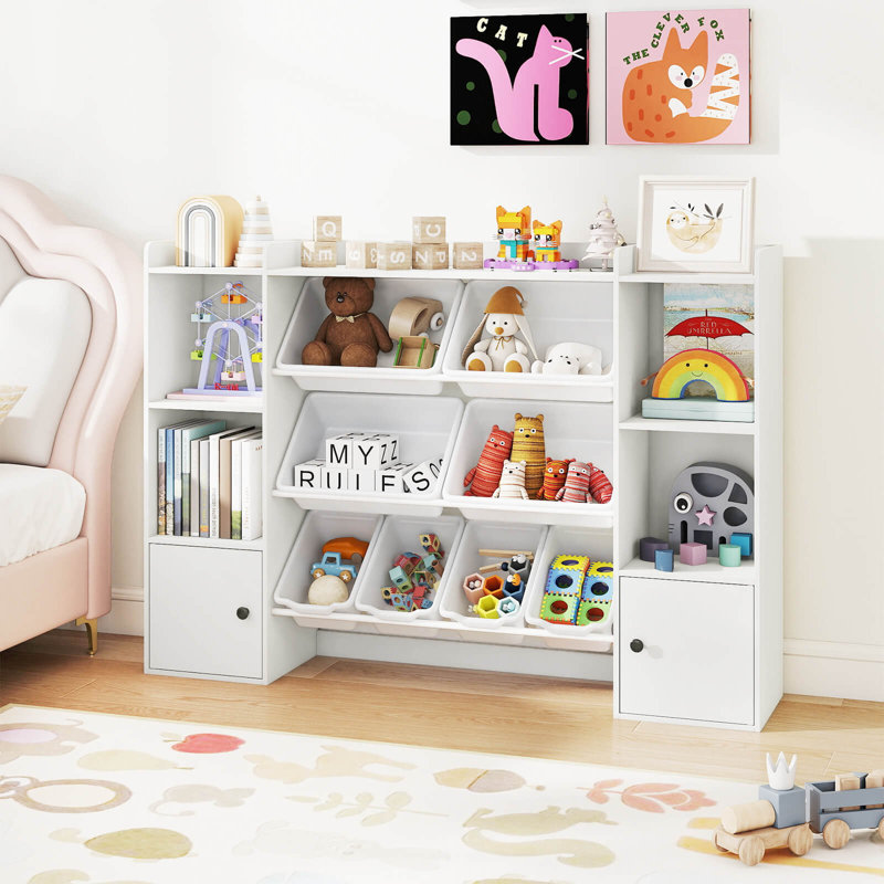 Bibliothèque et rangement pour jouets pour enfants avec 8 boîtes ouvertes et 2 armoires à une porte - blanc, White