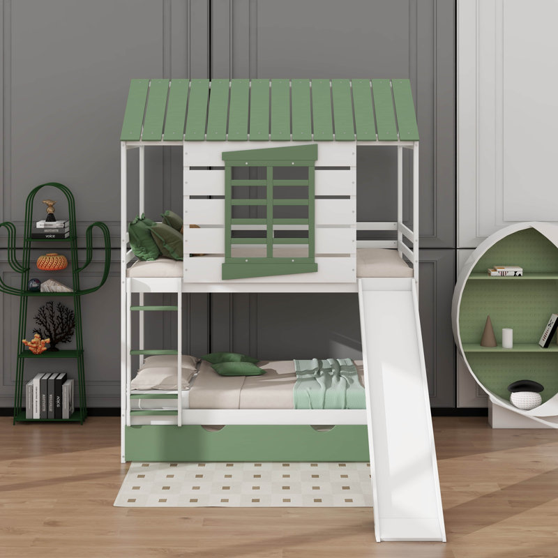 Twin Over Twin Size House Bunk Bed With Convertible Slide And Trundle
