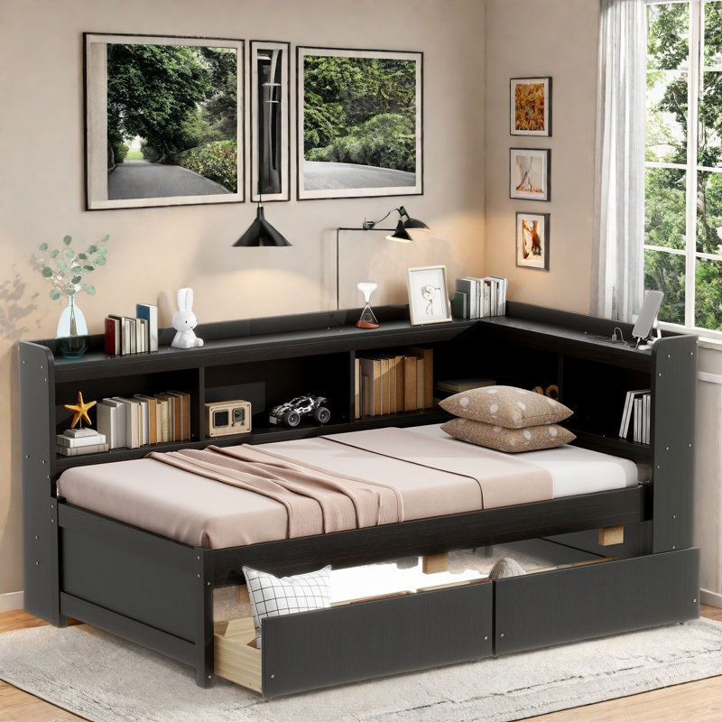 L-shaped Daybed With Bookcases, Charging Station And Two Drawers, Twin, Espresso