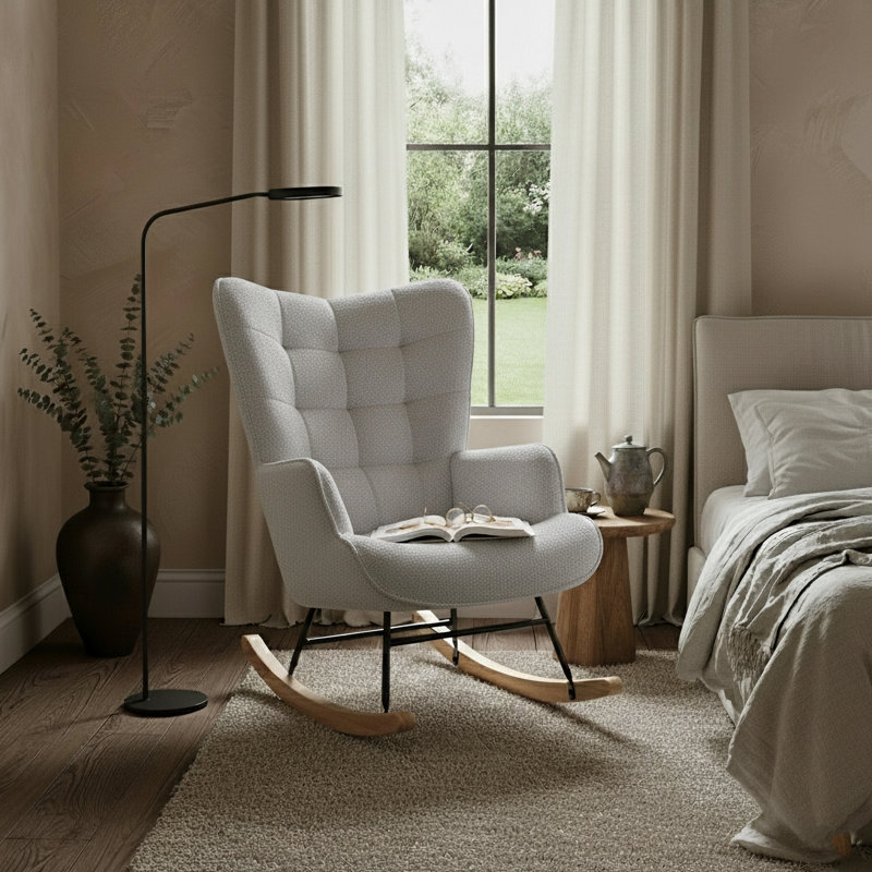 Tufted Rocking Chair, Modern Scandinavian Bouclé Accent Chair with Solid Wood Runners, Beige/Light Grey/Dark Grey/Pink