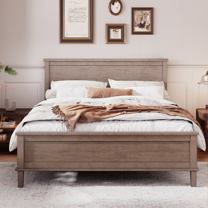 Lit plateforme Mid-Century en bois avec tête de lit et support en lattes de bois