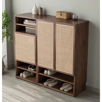 Large-capacity solid black walnut rattan shoe cabinet