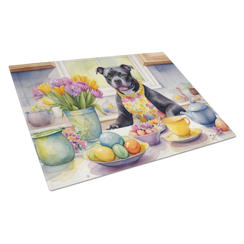 Decorating Easter Staffordshire Bull Terrier Glass Cutting Board