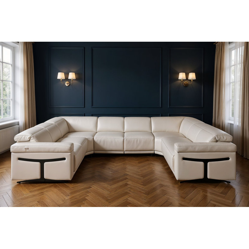 Canapé modulaire en forme de U inclinable électrique en cuir italien clair gris clair avec huit consoles