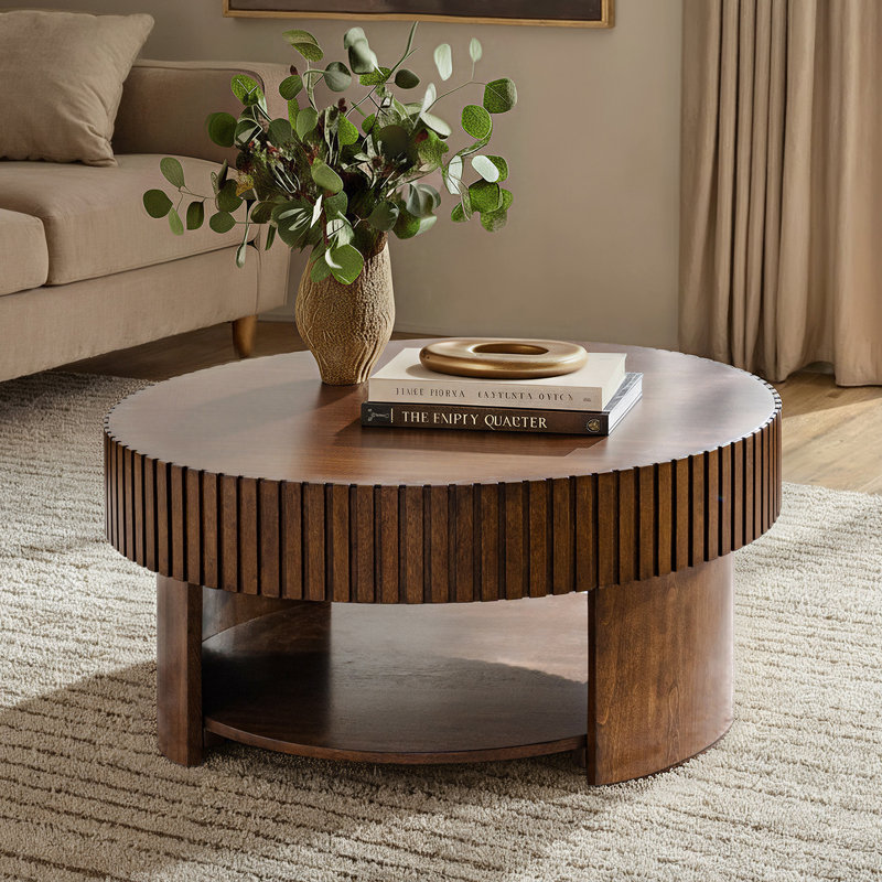 Jadida Haroldo Modern 31.25"W Solid Wood Coffee Table with Lower Storage Shelf and Fluted Design, Walnut