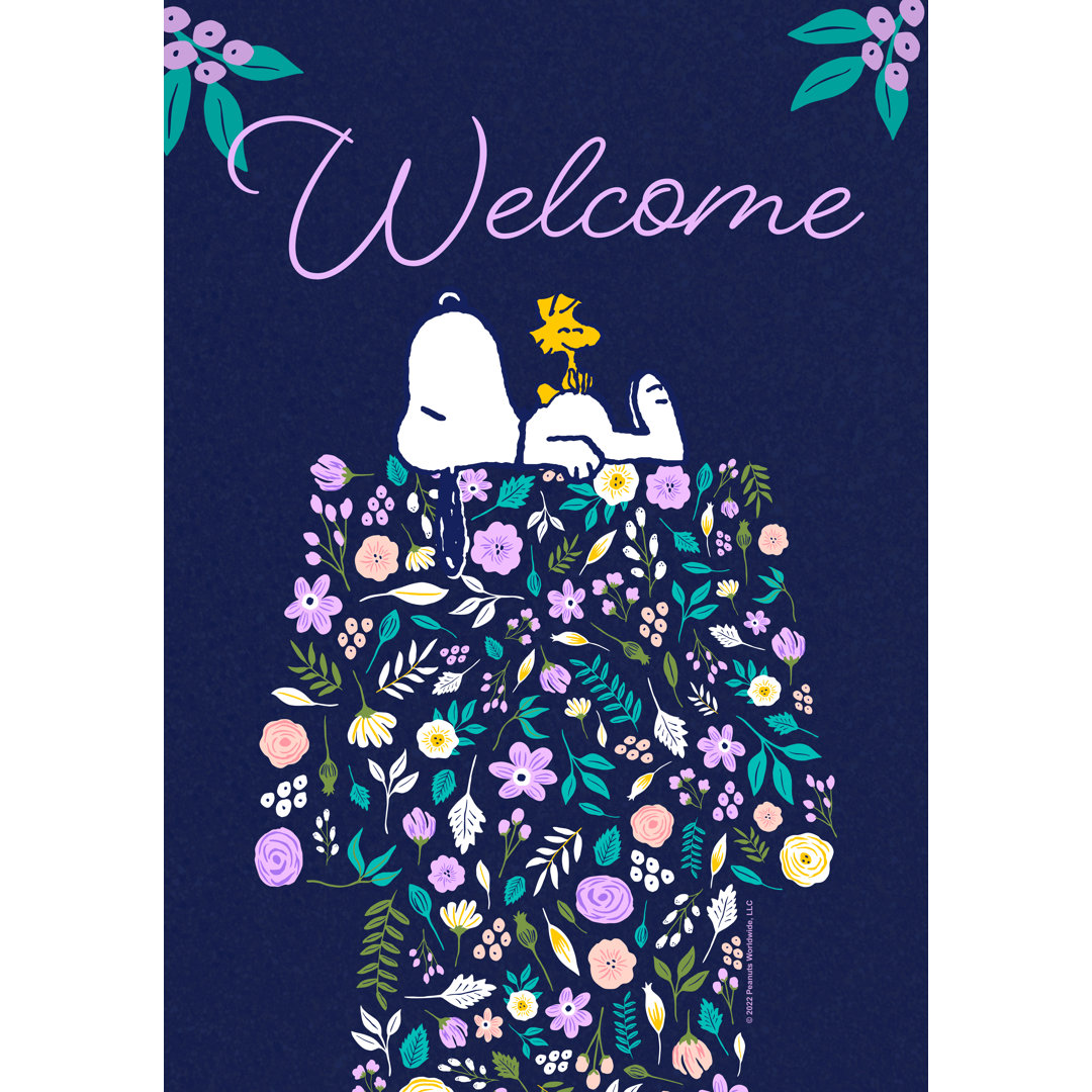 PEANUTS Doghouse of Flowers Snoopy and Woodstock Everyday House Flag, 28" x 40", Officially Licensed PEANUTS Product, Flag Stand Sold Separately Back Yard Glory