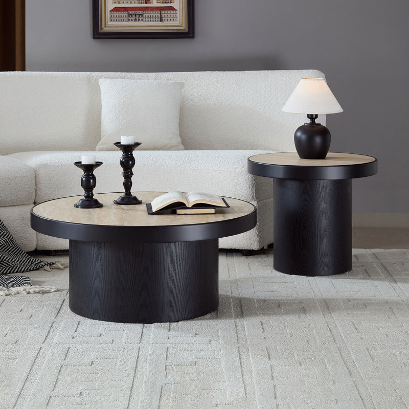 Ensemble de 2 tables basses, table basse ronde avec plateau en pierre frittée, Bois / noir