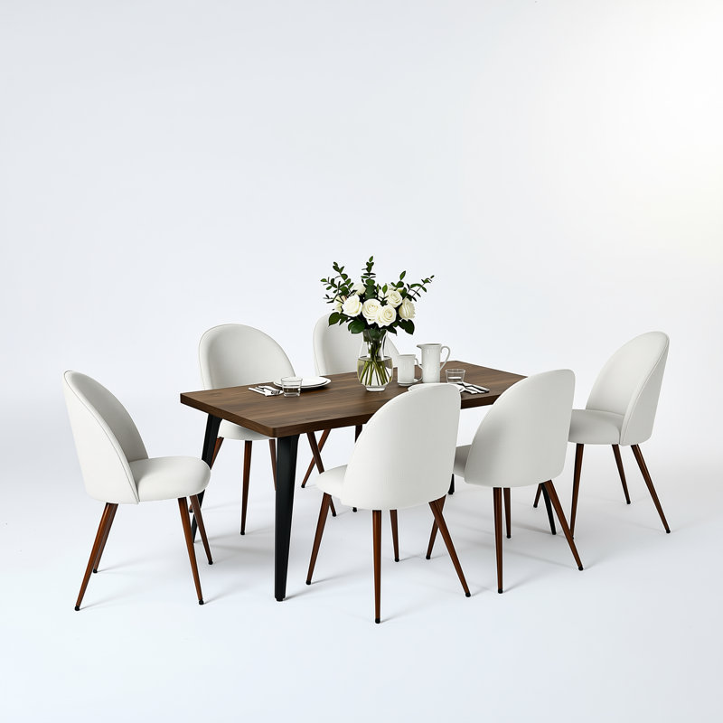 Ensemble de salle à manger rectangulaire moderne de 7 pièces de 63 pouces avec des chaises rembourrées, Dark Walnut, Beige