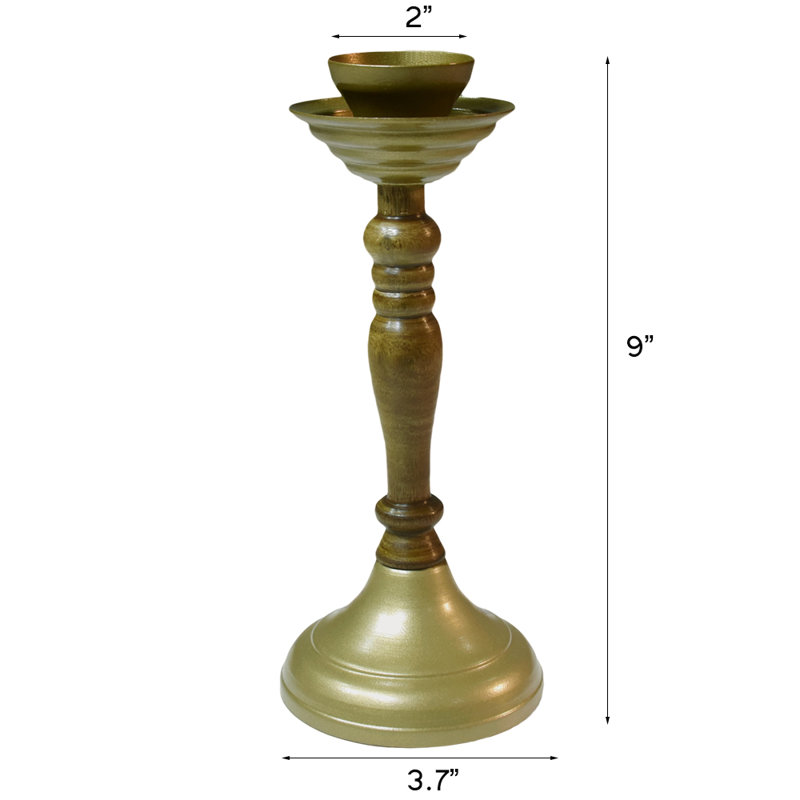 Handmade Iron & Wood Traditional Pillar Candle Holder, Gold