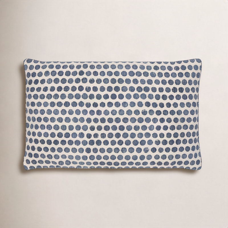 Zetta Polka Dots Cotton Reversible Throw Pillow, Light Beige/Dark Blue, Down