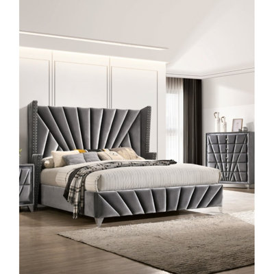 Bedroom Wingback Headboard 1pc Eastern King Size Bed Furniture Gray Fabric Upholstered Unique Bed