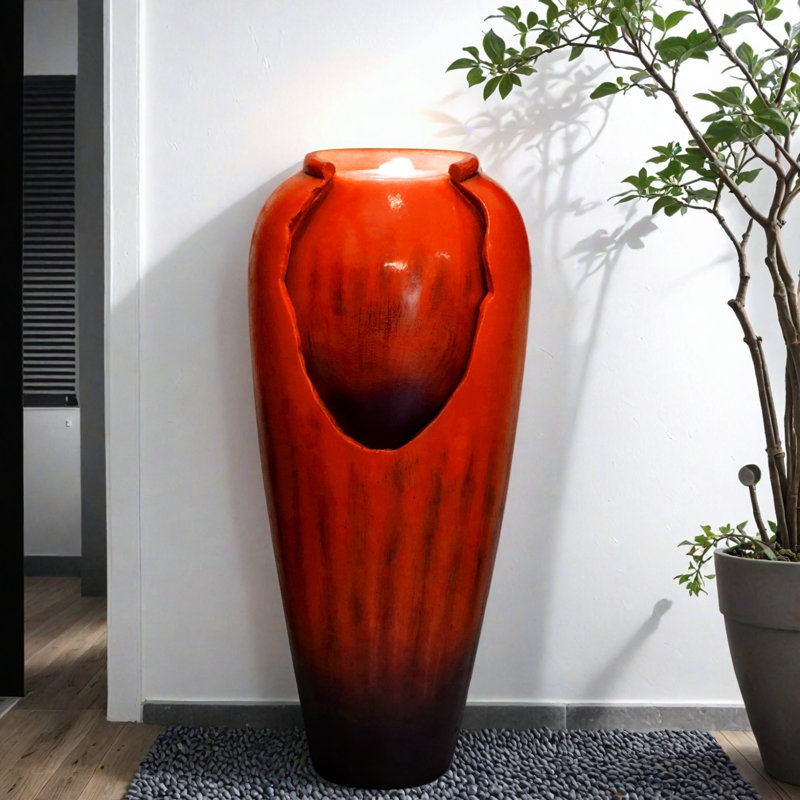 30.7 Inches H Modern Concrete Water Fountain With Stunning Cascading Waterfall, LED Light Effects, And Pump For Indoor/Outdoor Home, Patio, Or Garden Use